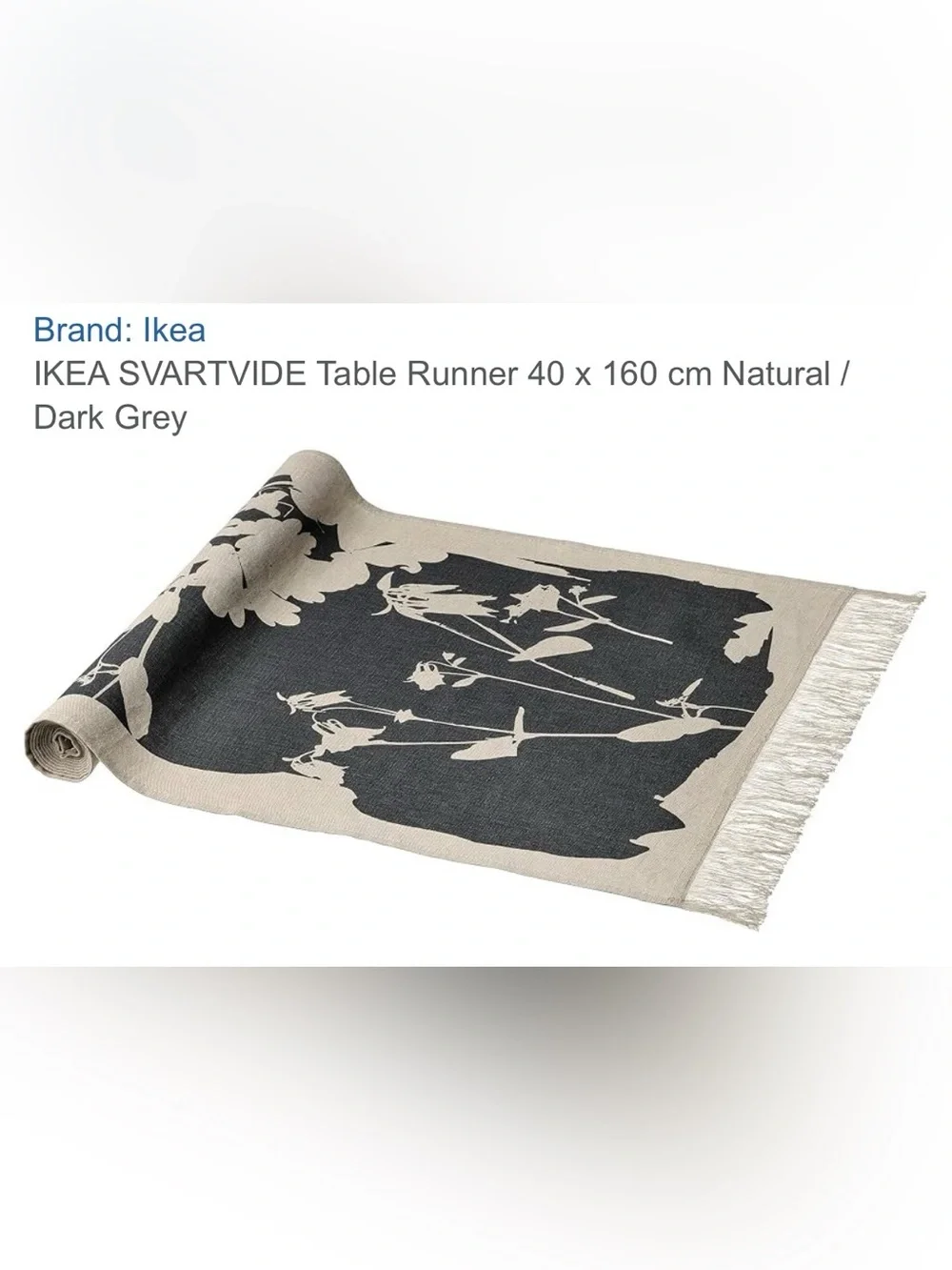 NWT IKEA SVARTVIDE Natural and Dark Grey Floral Table Runner with Fringe